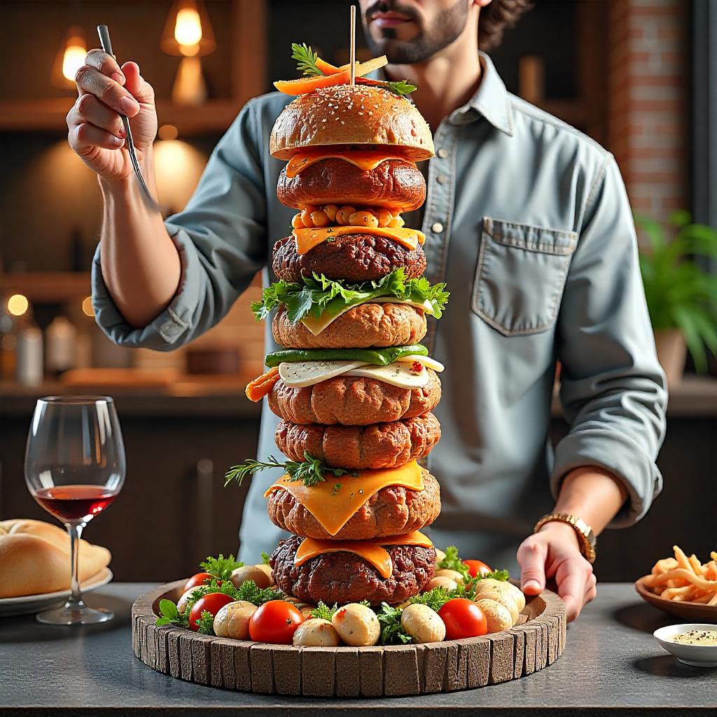 Jelajahi Kuliner Timur Tengah yang Unik dan Menggugah Selera 1 a man standing next to a large stack of burgers